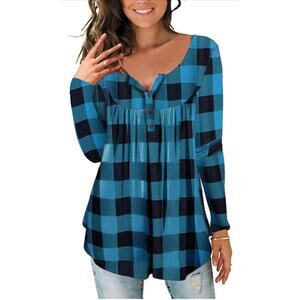 Women's Large Top Blue Black Printed Checkered Casual Tunic Blouse NWOT